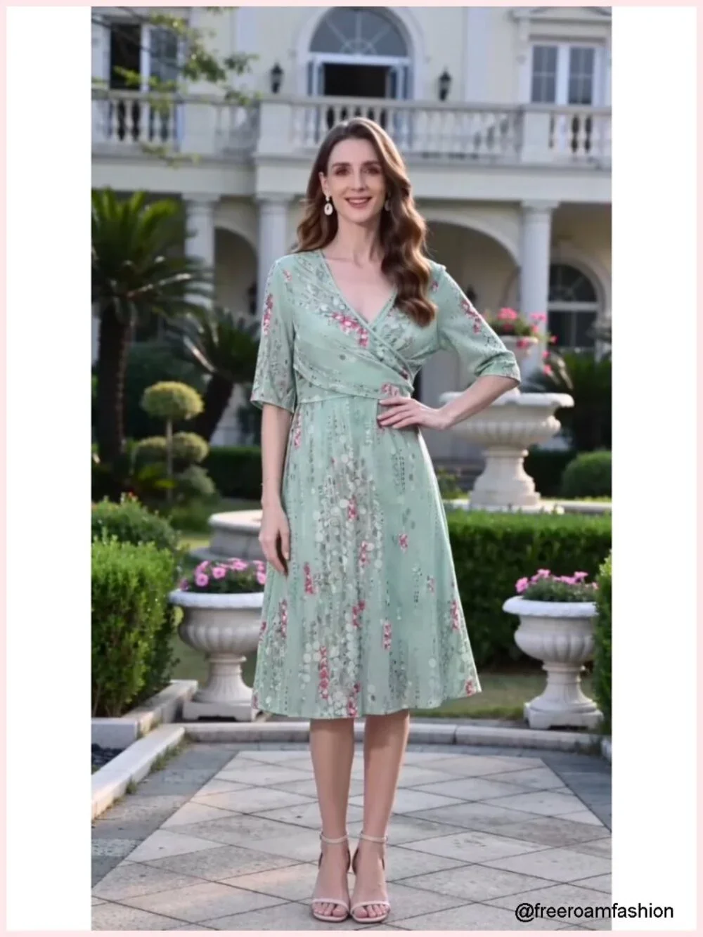 Women's Boho 3/4 Sleeve Midi Dress with Pockets Flowy A-Line